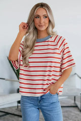 Tomato Red Striped Raglan Sleeve Contrast Neck T-Shirt - Femstylo