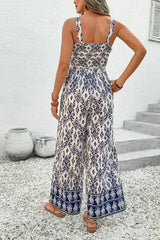 Blue Boho Geometric Print Smocked High Waist Wide Leg Jumpsuit - Femstylo