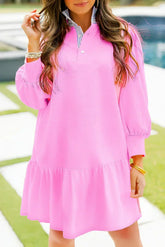Pink Striped Collar Long Sleeve Ruffle Hem Dress