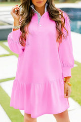 Pink Striped Collar Long Sleeve Ruffle Hem Dress