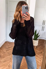 Smoke Gray Crochet Hollow-out Knit Sweater