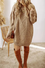Parchment Cable Knit Drop Shoulder Loose Fit Sweater Dress - Femstylo