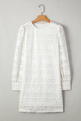 White Lace Floral Round Neck Puff Sleeve Shift Mini Dress