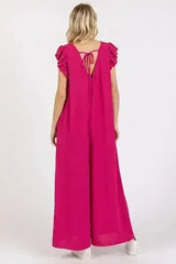 Mittoshop V-Neck Ruffled Cap Sleeve Jumpsuit - Wide Leg Design - Femstylo