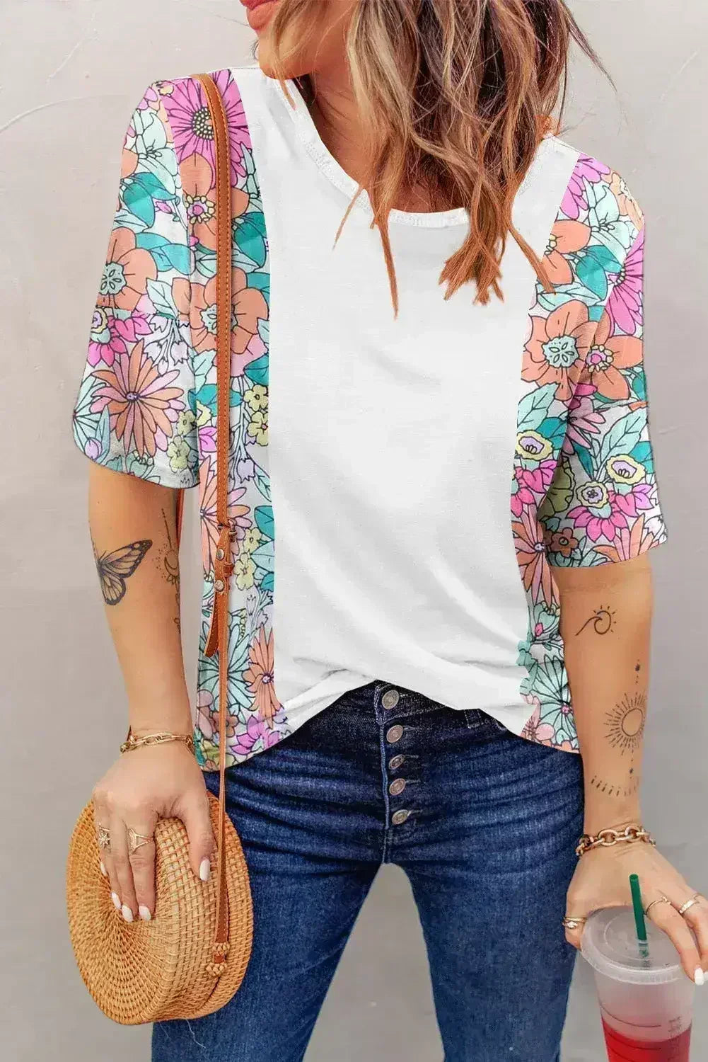 Floral Patchwork Top - Short Sleeve Summer Tee | Femstylo - Femstylo