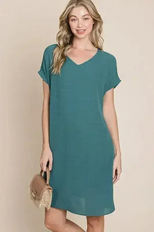 BOMBOM V-Neck Short Sleeve Dress with Pockets - Femstylo