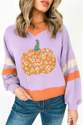 Orchid Bouquet Floral Pumpkin Graphic Color Block Sleeve Sweatshirt - Femstylo