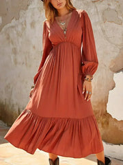 Ruched V-Neck Long Sleeve Midi Dress - Femstylo