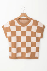 Light French Beige Checkered Knit Dolman Short Sleeve Sweater