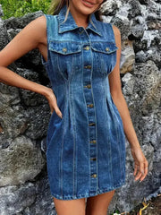 Pocketed Button Up Sleeveless Denim Dress - Femstylo