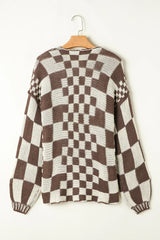 Taupe Colorblock Checked Open Front Knitted Cardigan