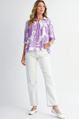 Purple Floral V-Neck Bubble Sleeve Blouse