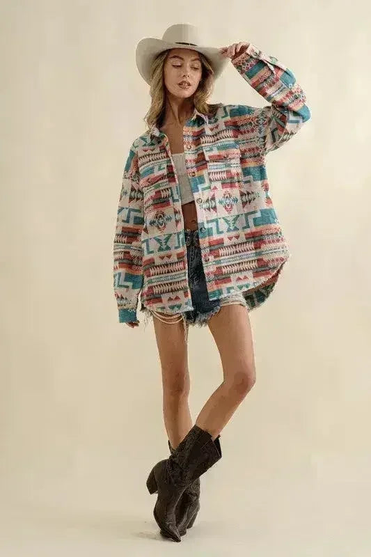 Frayed Aztec Western Shacket - Femstylo