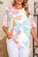 Sky Blue Bowknot Print Waffle Loose Tee - Femstylo