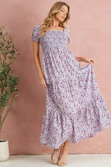 Purple Floral Short Bubble Sleeve Smocked High Waist Maxi Dress - Femstylo