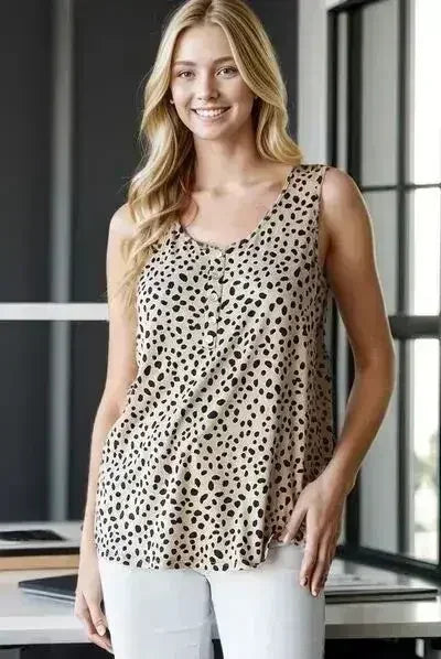 Heimish Full Size Front Button Animal Print Sleeveless Top Plus Size - Femstylo