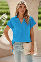 White Textured V Neck Collared Split Hem T Shirt - Femstylo