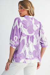 Purple Floral V-Neck Bubble Sleeve Blouse