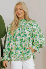 Leaf Print Flounce Sleeve Blouse - Botanical Top | Femstylo - Femstylo