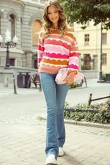 Yellow Wave Striped Balloon Sleeve Drop Shoulder Sweater - Femstylo