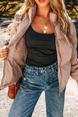 Apricot Pink Full Zipper Quilted Puffer Jacket - Femstylo