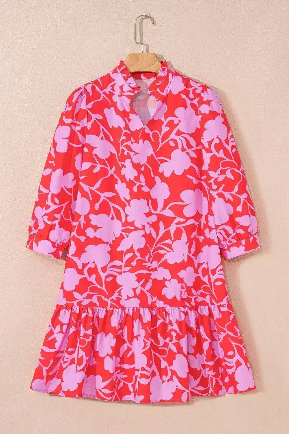 Red Floral 3/4 Sleeve Ruffle Hem Mini Dress - Femstylo