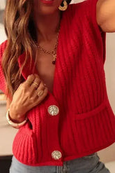 Fiery Red Solid Textured Knit Side Pockets Buttoned Sweater Vest - Femstylo