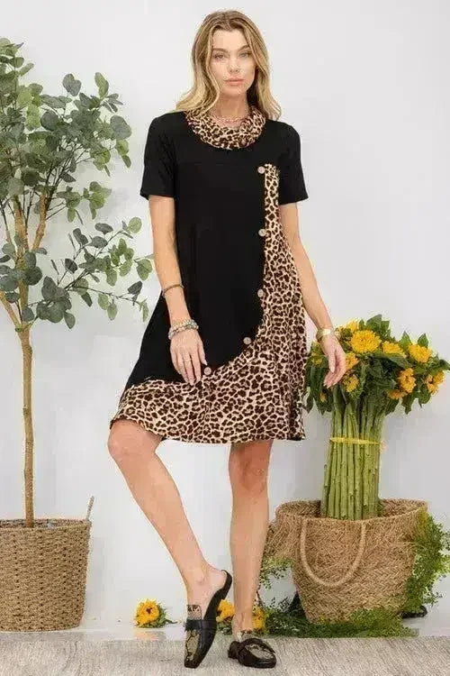 Celeste Full Size Decor Button Leopard Short Sleeve Dress Plus Size - Femstylo