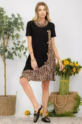 Celeste Full Size Decor Button Leopard Short Sleeve Dress Plus Size - Femstylo
