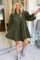 Moss Green Split Neck Scallop Detail Pleated Corduroy Mini Dress