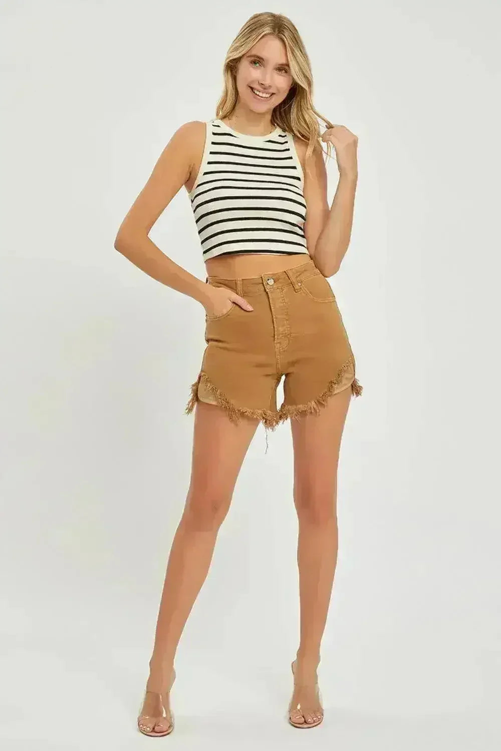 RISEN High Waist Frayed Hem Denim Shorts - Femstylo