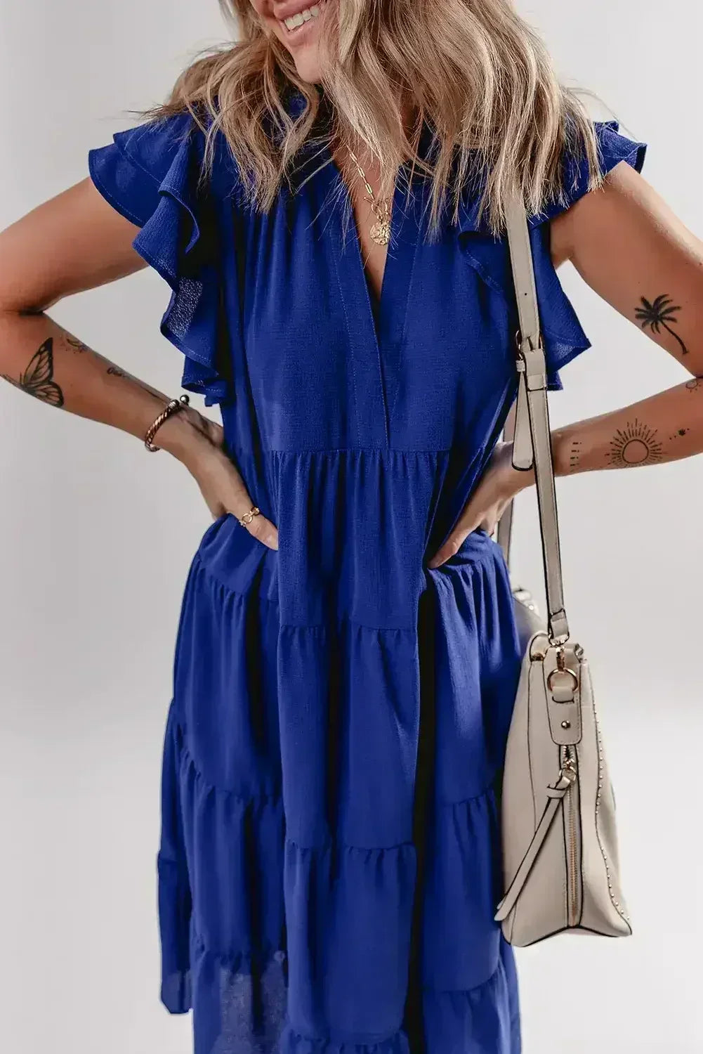 Bluing Ruffled Short Sleeve Collared V Neck Tiered Midi Dress - Femstylo