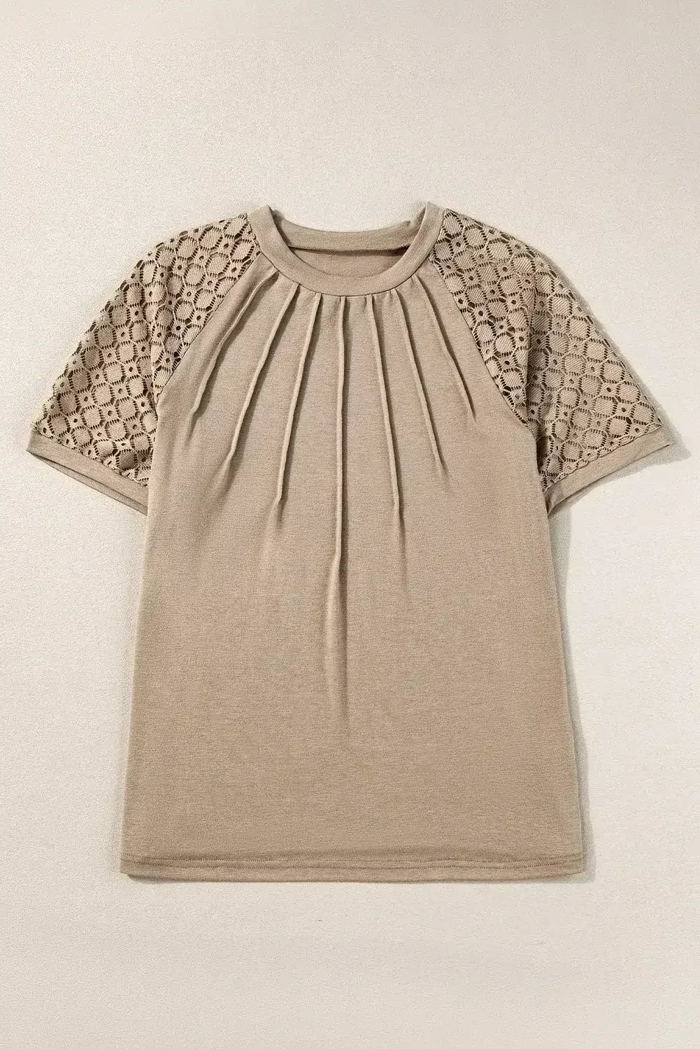 Pale Khaki Seamed Detail Contrast Lace Raglan Sleeve Tee - Femstylo