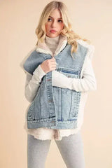Aemi + Co Fake Two Pieces Denim Patch Sherpa Vest Coat - Femstylo