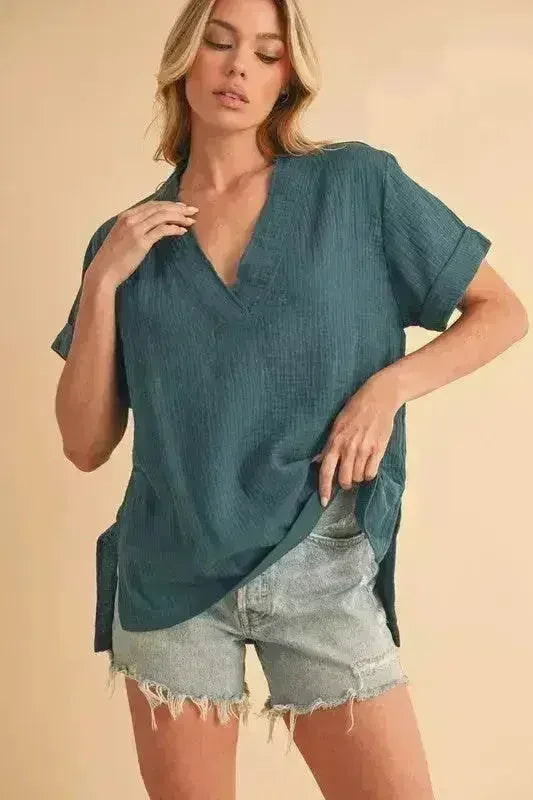 Aemi + Co Side Slit V-Neck Short Sleeve Blouse - Femstylo