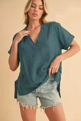 Aemi + Co Side Slit V-Neck Short Sleeve Blouse - Femstylo