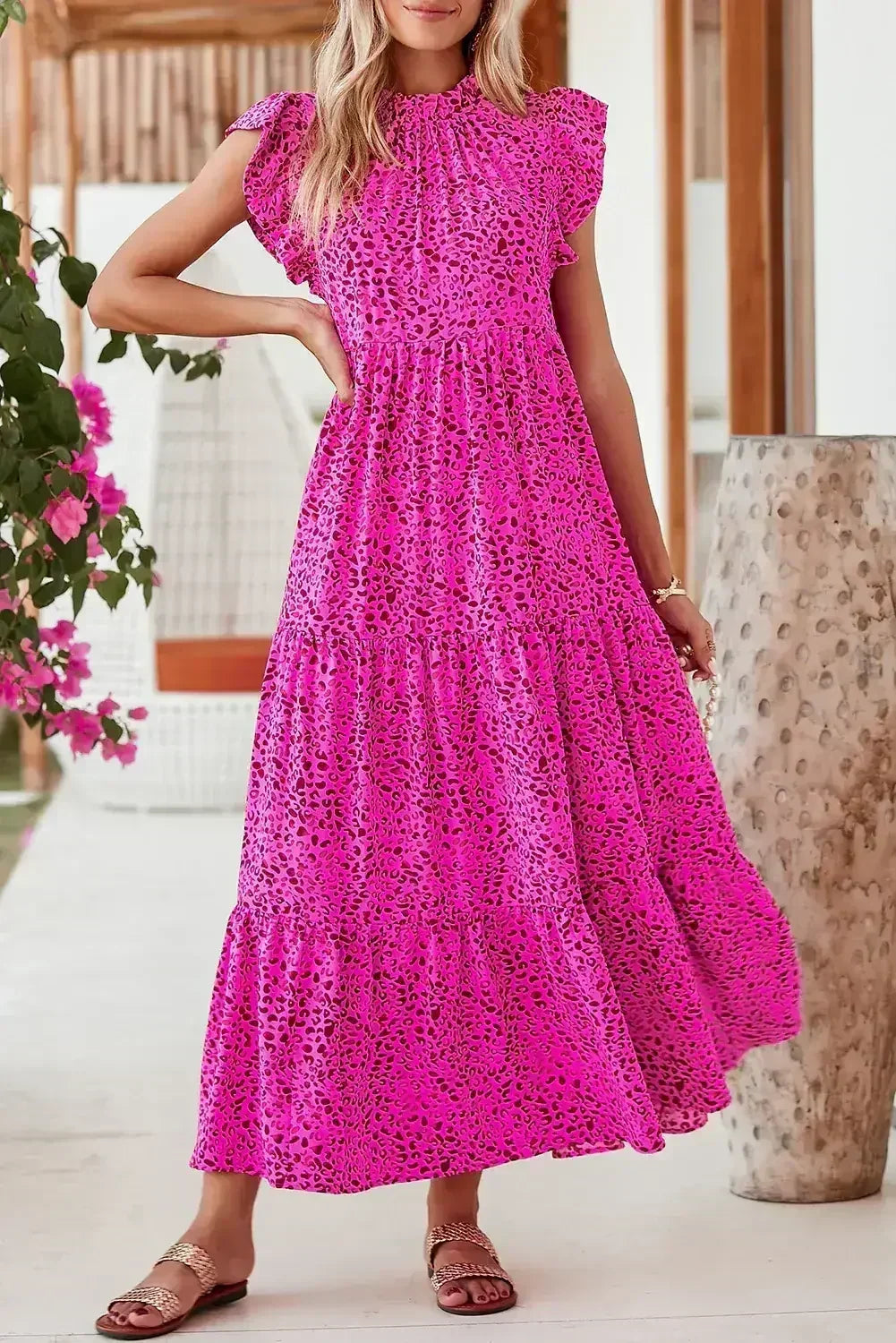 Rose Red Leopard Print Ruffle Sleeveless Maxi Dress - Femstylo