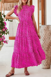 Rose Red Leopard Print Ruffle Sleeveless Maxi Dress - Femstylo