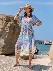 Printed Puff Sleeve Ruched Midi Dress - Femstylo