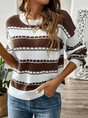 Striped Round Neck Long Sleeve Sweater - Femstylo