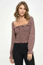 Smocked Floral Long Sleeve Top with Ruffle Neckline - Femstylo