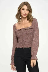 Smocked Floral Long Sleeve Top with Ruffle Neckline - Femstylo