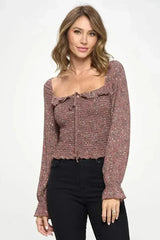 Smocked Floral Long Sleeve Top with Ruffle Neckline - Femstylo