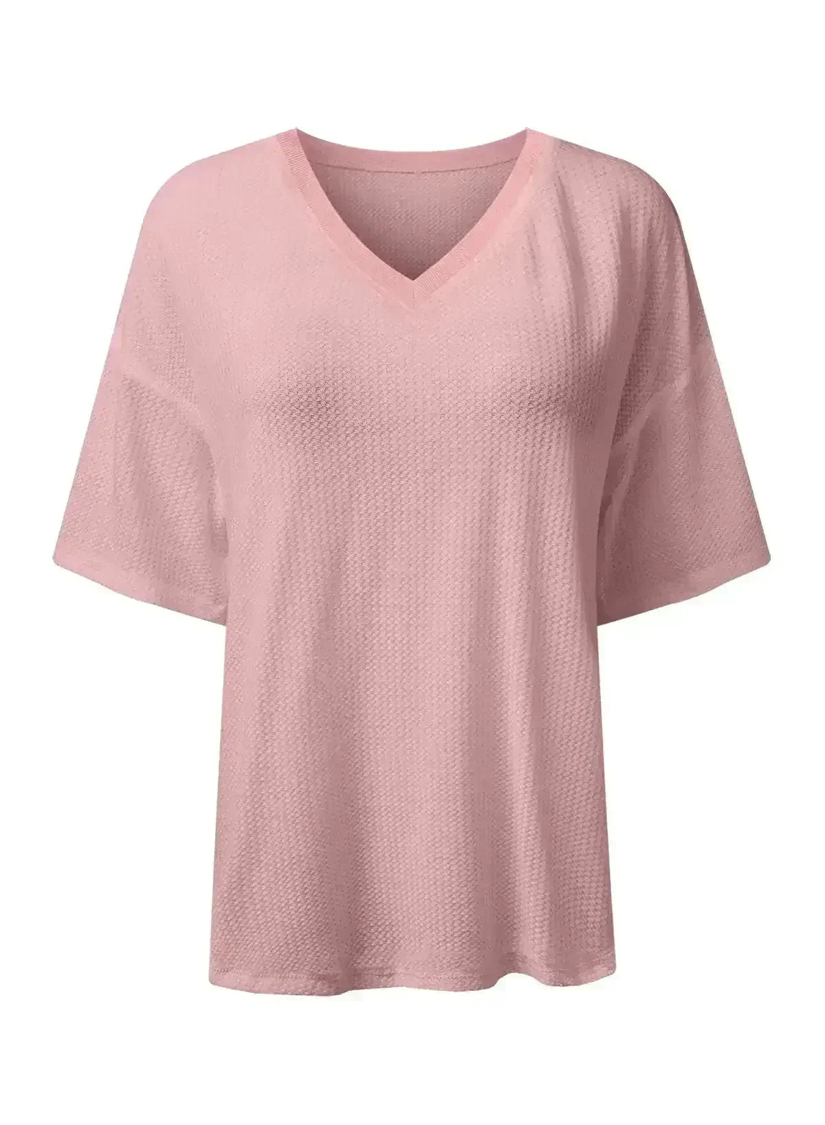 White Waffle Texture V Neck Drop Shoulder Loose Tee - Femstylo