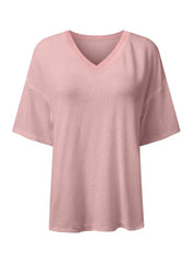 White Waffle Texture V Neck Drop Shoulder Loose Tee