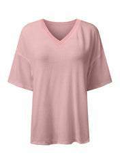 White Waffle Texture V Neck Drop Shoulder Loose Tee