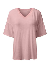 White Waffle Texture V Neck Drop Shoulder Loose Tee - Femstylo