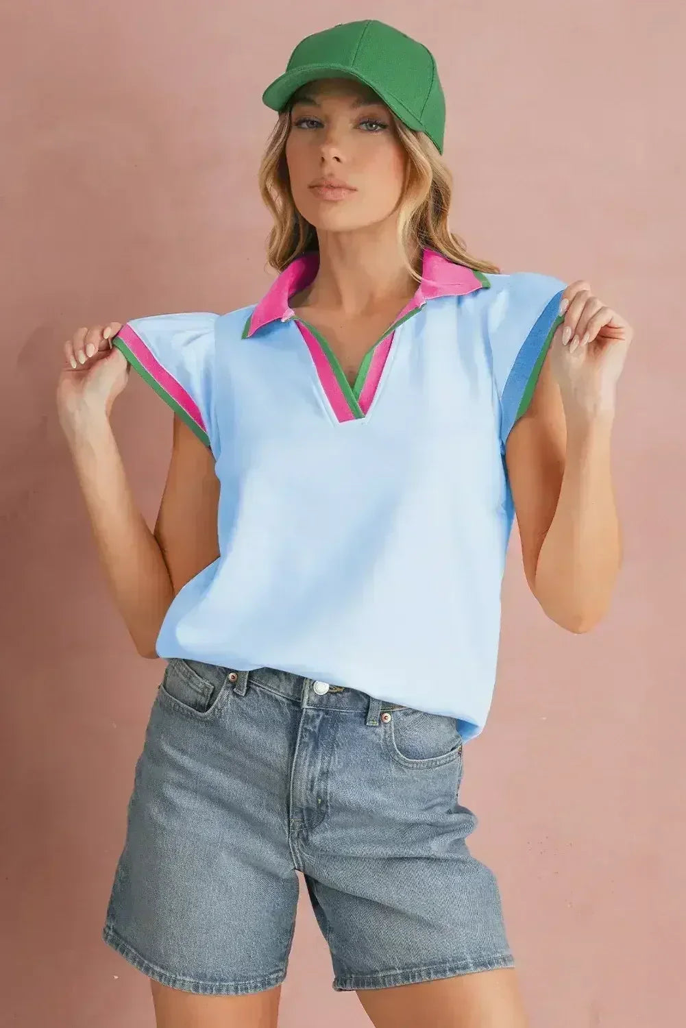 Beau Blue Color Collared V Neck Ruffle Sleeve Blouse | Femstylo - Femstylo