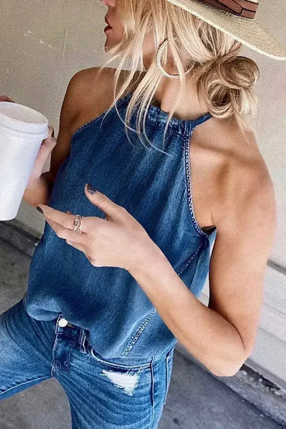 Halter Neck Denim Tank Top - Femstylo