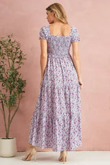 Purple Floral Short Bubble Sleeve Smocked High Waist Maxi Dress - Femstylo